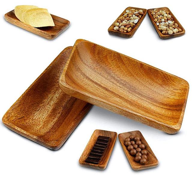 Acacia Handmade Wood Carved Plates - Set of 2 Calabash Bowls Size 6"x3" (Rectangle)