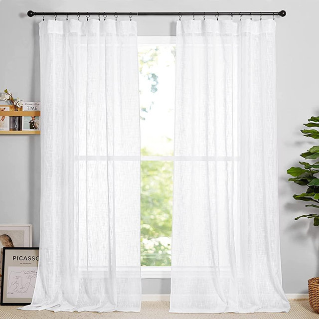 RYB HOME White Sheer Curtains Privacy Linen Textured Blend Half Translucent Window Treatment for Living Room Patio Sliding Door Bedroom, White W 70 x L 84 inch, 2 Pcs