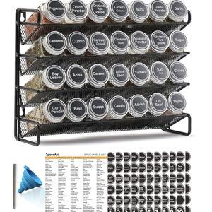 SpaceAid Spice Rack Organizer with 28 Spice Jars, 386 Spice Labels, Chalk Marker and Funnel Set for Cabinet, Countertop, Pantry, Cupboard or Door & Wall Mount - 28 Jars, 13.4" W × 10.8" H, Black