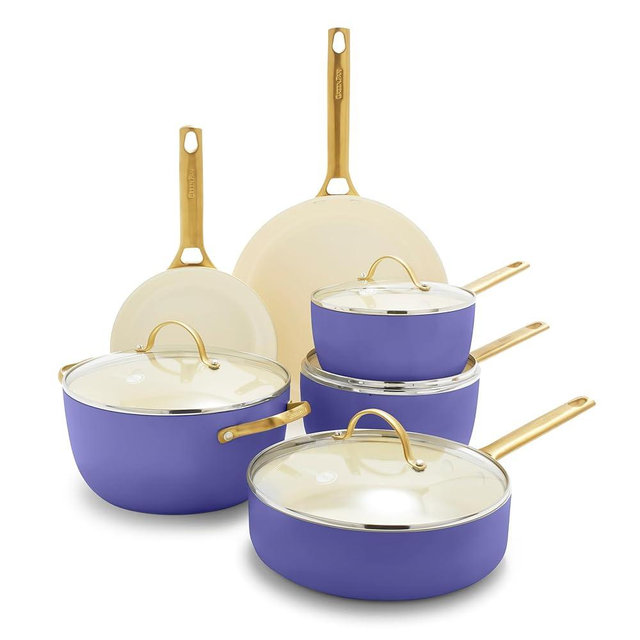 GreenPan Reserve Hard Anodized Healthy Ceramic Nonstick 10 Piece Cookware Pots and Pans Set, Gold Handle, PFAS-Free, Dishwasher Safe, Oven Safe, Periwinkle