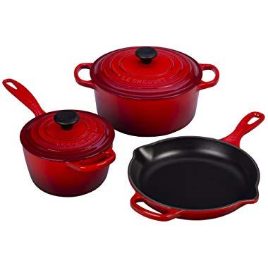 Le Creuset 5 Piece Signature Enameled Cast Iron Cookware Set, Cerise