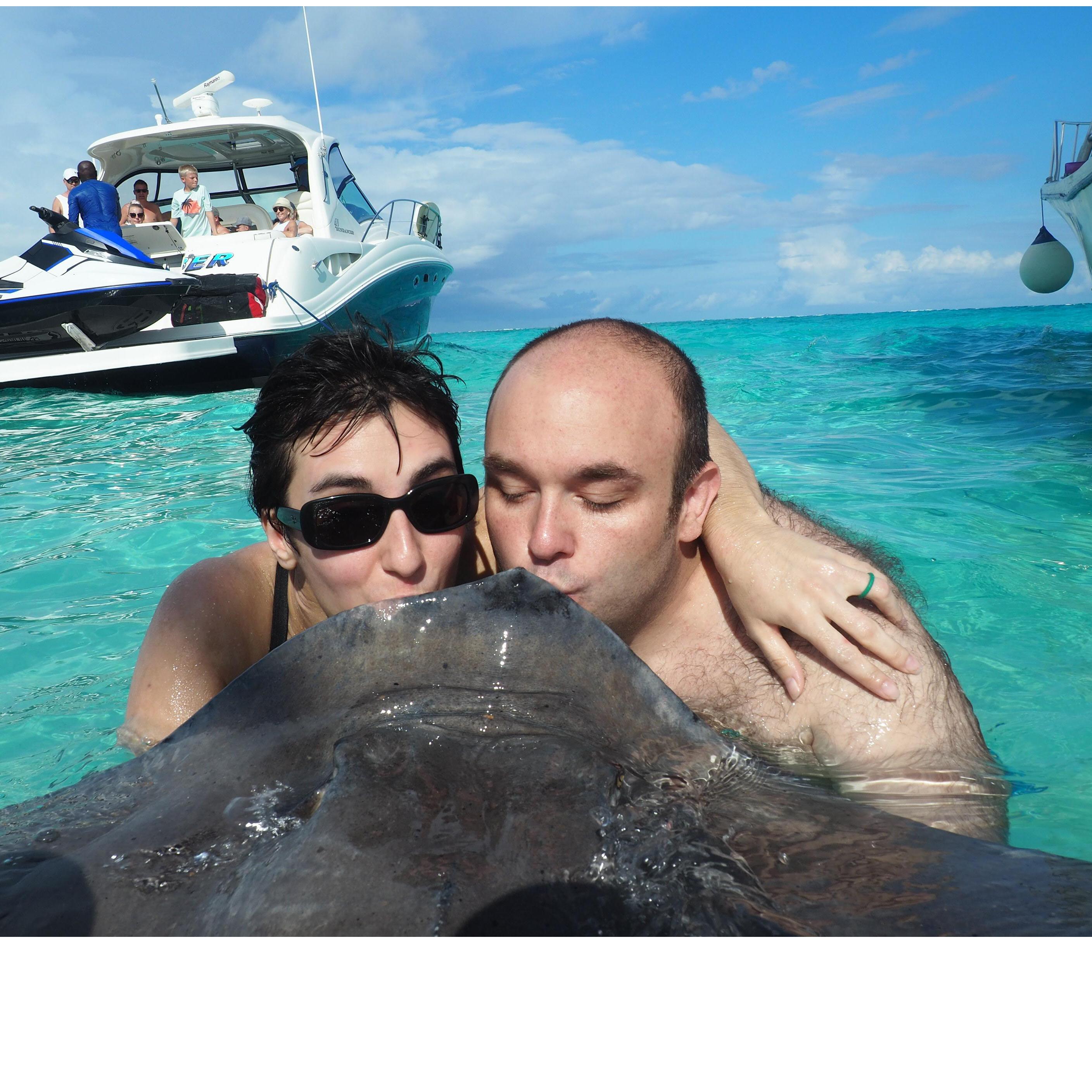Kissing a stingray in the Grand Cayman Islands