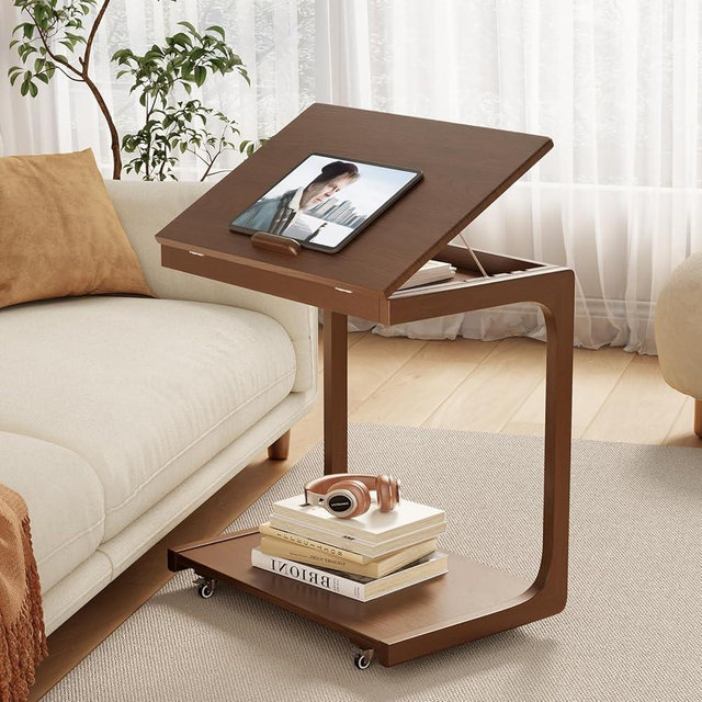 AQIMUELE Wooden C-Shaped End Table,Couch Table with Adjustable Desktop,Small Rolling Side Table with 2 Lockable Wheels 23.36" Width,Small End Table for Couch, Living Room,Bedroom (Walnut)