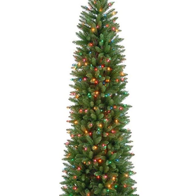 National Tree Company Artificial Pre-Lit Slim Christmas Tree, Green, Kingswood Fir, Multicolor Lights, Includes Stand, 7.5 Feet