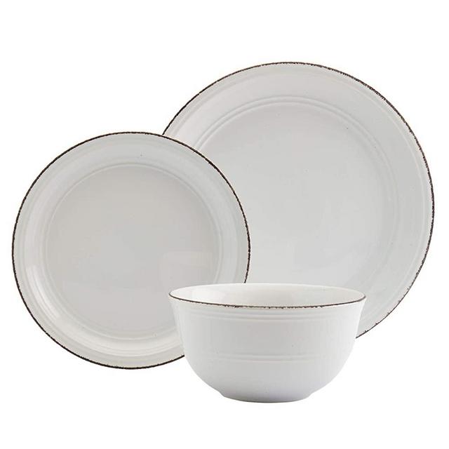 Tabletops Gallery Fashion Dinnerware Collection- Stoneware White Rimmed Round Dishes Service for 4 Dinner Salad Appitizer Dessert Plate Bowls, 12 Piece White Antiqued Farmhouse Dinnerware Set