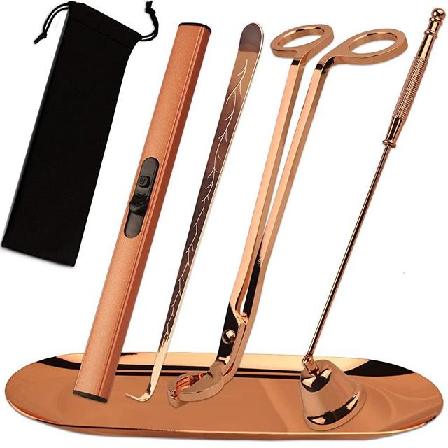 5 in 1 Candle Accessory Set, Candle Wick Trimmer Cutter, Candle Snuffer & Candle Wick Dipper,USB Rechargeable Lighter, Storage Tray Plate for Candle Lover Mom Gift, Candle Care Kit (Rose Golden)