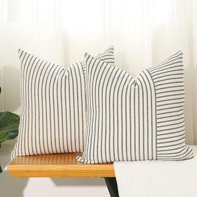 Hckot Black and Beige Patchwork Farmhouse Throw Pillow Covers 20 x 20 Inch, Pack of 2 Striped Linen Decorative Pillow Case for Sofa Couch Chair Bedroom Modern Decor (20" x 20", Black)