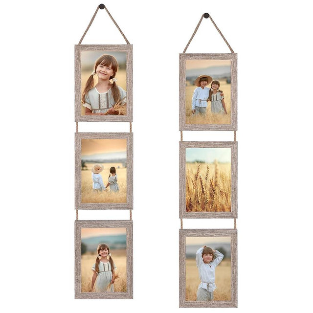 QUTREY Collage Picture Frame 5x7, 3 Openings Vertical Hanging Photo Frame Set of 2, 5 by 7 inch Multi Picture Frames for Wall, Rustic Grain