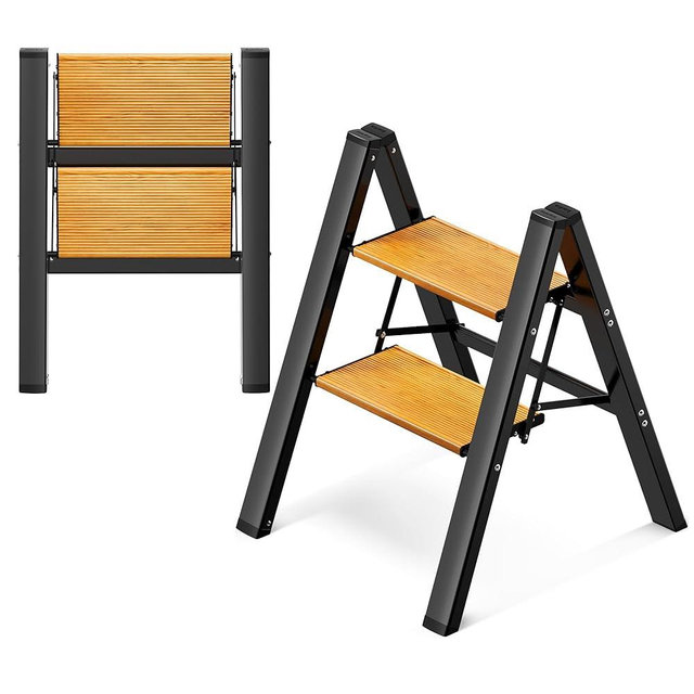 GameGem 2 Step Ladder, Aluminum Folding Step Stool with Anti-Slip Sturdy and Wide Pedal, Lightweight Portable Stepladder for Home and Kitchen Use Space Saving, 330 lbs, Black Woodgrain