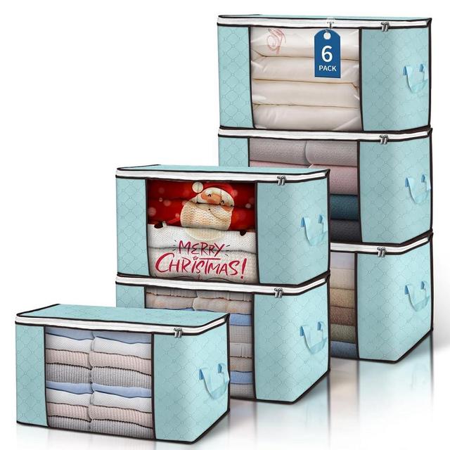 90L Large Storage Bags, 6 Pack Clothes Storage Bins Foldable Closet Organizer Storage Containers Storage and Organization for Clothes, Blanket, Comforters, Bed Sheets, Pillows and Toys (Blue)