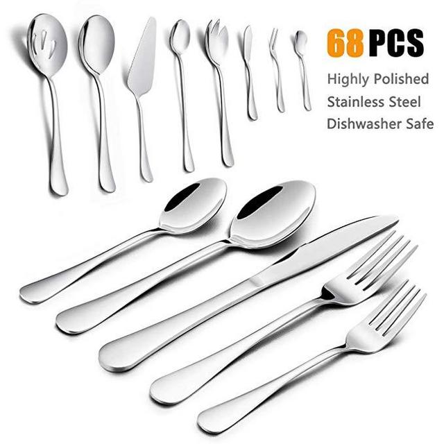 Silverware Set, HaWare 68-Piece Stainless Steel Flatware Set, Includes 60-piece Cutlery Set, 8-Piece Serving Set, Service for 12, Dishwasher Safe