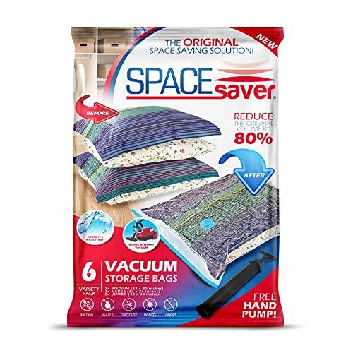 Spacesaver Premium Vacuum Storage Bags 6 Pack (2 x Medium, 2 x Large, 2 x Jumbo) 80% More Storage! Hand-Pump for Travel! Double-Zip Seal and Triple Seal Turbo-Valve for Max Space Saving! (6 Pack)