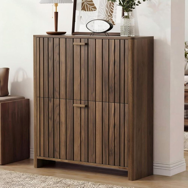 Algherohein Shoe Storage for Entryway, Walnut Gradient Fluted Hidden Cabinet with Metal Legs, Organizer with Flip Doors, Slim Entryway Storage