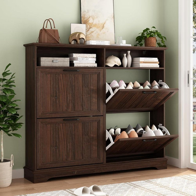 Shoe Storage Cabinet with 4 Flip Drawers, Farmhouse Modern Hidden Shoes Rack Cabinet with Adjustable Shelves & Open Storage, Narrow Slim Shoe Organizer for Front Door Entrance, Entryway, Walnut