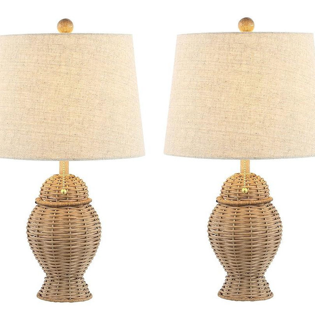 JONATHAN Y JYL4041A-SET2 Set of 2 Table Lamps Margie Wicker 20.5" Bohemian Rustic Iron LED Table Lamp Farmhouse Bedside Desk NightStand Lamp, LED Bulbs Included, Natural/Beige