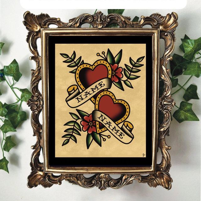 Custom Name Couples Gift American Traditional Hearts Tattoo Flash Art Print