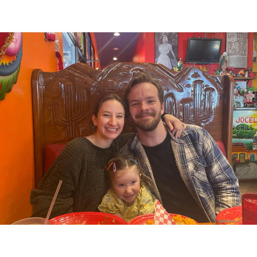 2/16/25 Bailey, Steven, and Steven's niece Nora at Jocelyn's, our fav restaurant! There was talk of kidnapping Nora... there usually is...