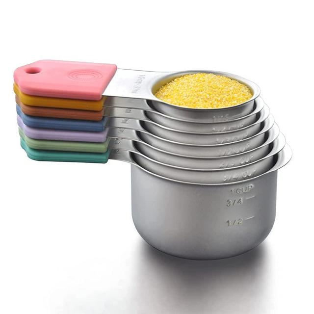Magnetic Measuring Cups Set, 7 Pieces 18/8 Stainless Steel Stackable Nesting Heavy Duty Metal Measure Cups, Color Silicone Handle Kitchen Tools for Dry and Liquid Ingredients Colorful