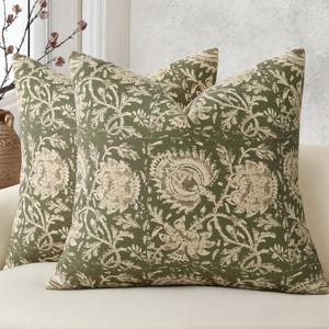 Vintage Floral Print Throw Pillow Covers 24x24 Set of 2 Neutral Modern Farmhouse Pillowcases Accent Decorative Cushion Covers Boho Home Decor for Couch Sofa Chair Bed Living Room, Olive Green
