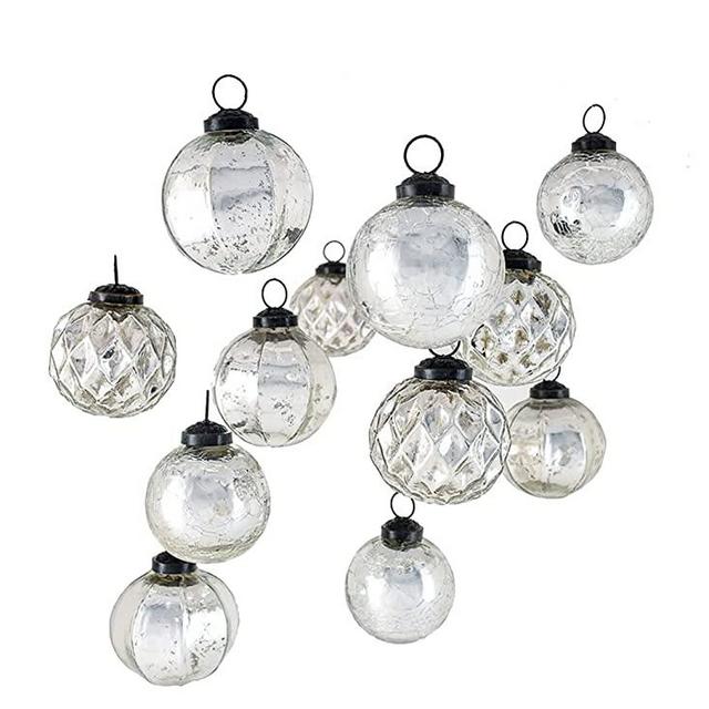 Serene Spaces Living Set of 12 Crackle Glazed, Scalloped & Diamond Silver Mercury Glass-Finish Ornaments, Vintage Glass Balls for Christmas, Thanksgiving, Mantel Decorations, 2.5" Dia & 2.5" Tall