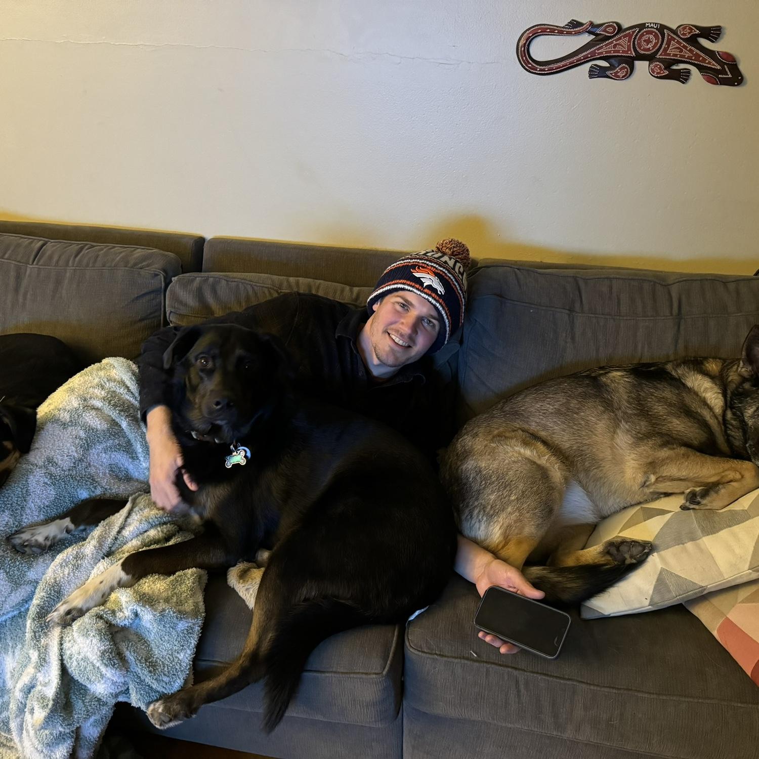 The dogs are all cuddle bugs!