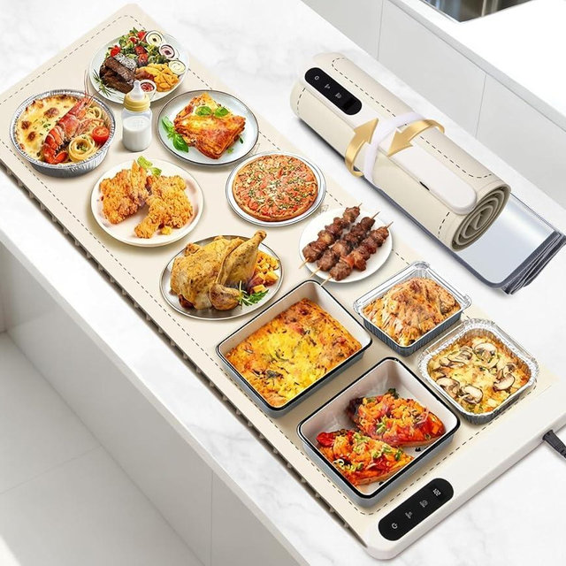 Extra Large Warming Mat for Food, (42"x15") Food Warming Mat with Countertop Insulation Pad, 6 Level Temperature & 6 Hours Timer, Silicone Food Heating Pad, Warming Trays for Buffets Party, Beige