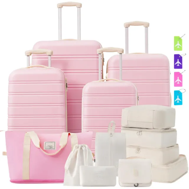 4 PCS Expandable ABS Hard Shell Luggage Set with Spinner Wheels and TSA Lock + Travel Bags, Light Pink - ModernLuxe