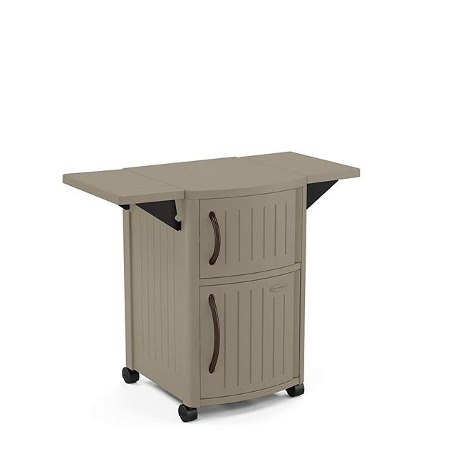 Suncast DCP2000DTD Portable Outdoor BBQ Entertainment Storage Table Prep Station Store Grilling Accessories, Condiments, Dark Taupe