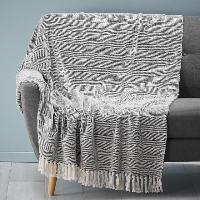 Noble House Jaymere Fabric Throw Blanket, Gray and Ivory