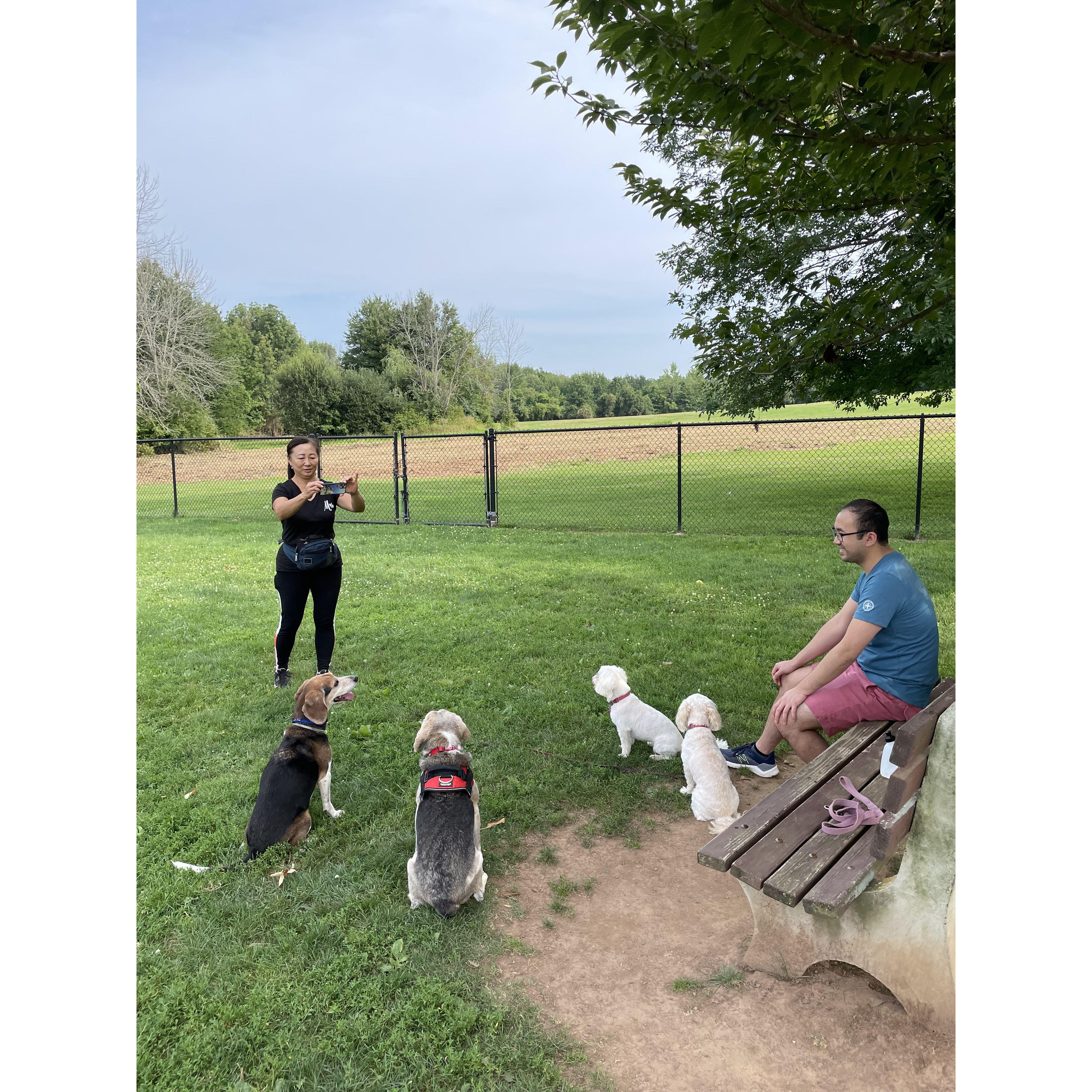 Emily corralling Tevye, Motl, Nala and Kaya for a group photo.