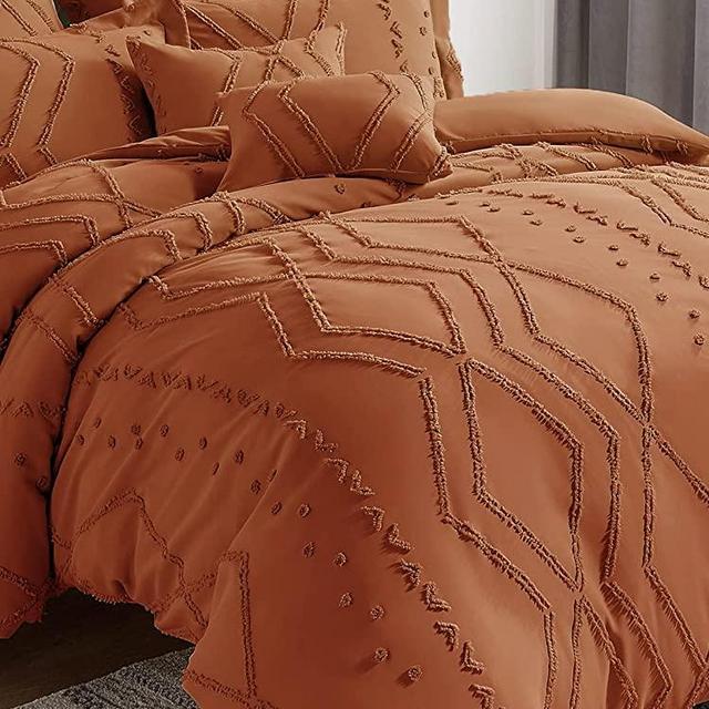 Gemarwel Burnt Orange Duvet Cover King Boho- King Size Jacquard Tufted Geo Bedding Set, 3 Pcs Farmhouse All Season Textured Chic Duvet Cover with 2 Pillow Shams (Burnt Orange, 104 x 90)
