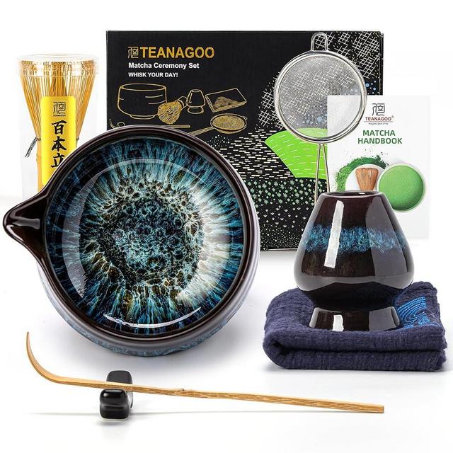 TEANAGOO Matcha Whisk Set, 7 Pcs Matcha Set Blue, Matcha Kit for Ceremony, Matcha Tea Set for Making Breakfast/Latte, Ceramic Matcha Bowl(chawan) whith Spout and Whisk, Gift for Friend/Family