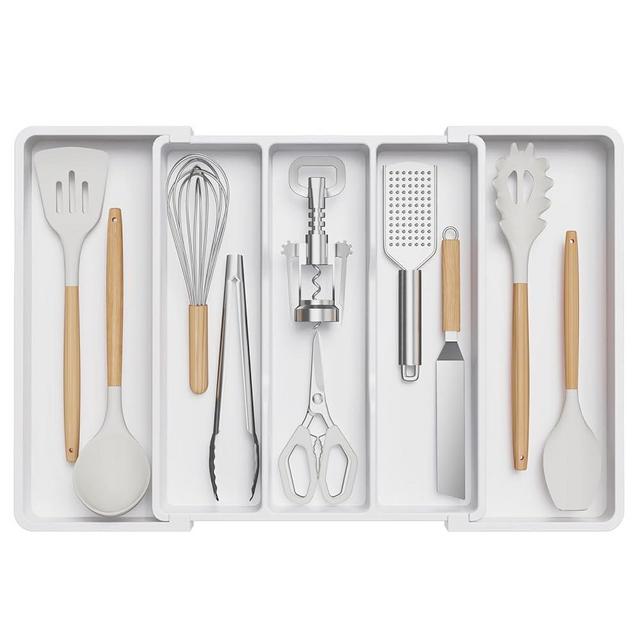 Lifewit Utensil Organizer for Kitchen Drawers, Expandable Cooking Utensil Tray, Adjustable Cutlery Silverware Flatware Holder, Plastic Kitchen Spatula Tools and Gadgets Storage Divider, Large, White