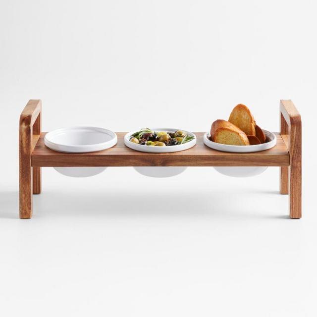 Oven-to-Table Ceramic Bowls with Elevated Wood Server