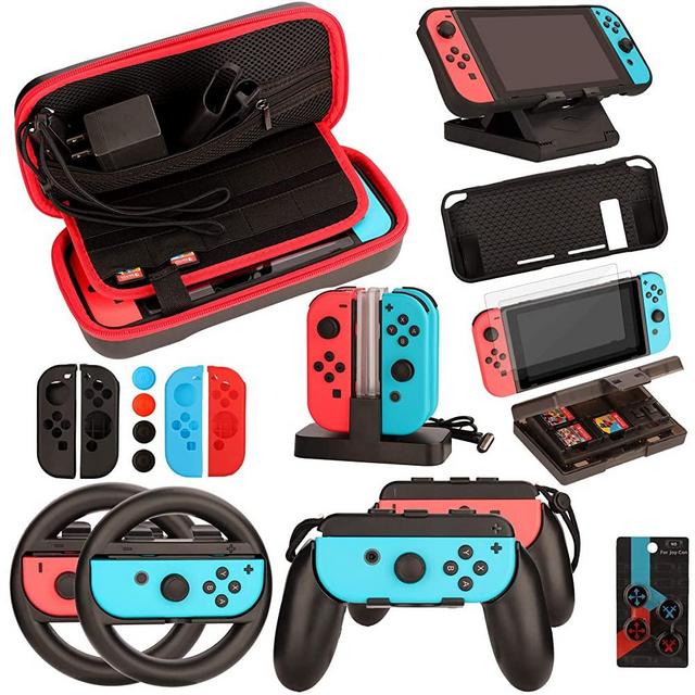 Switch Accessories Bundle for Nintendo Switch: Carrying Case, Screen Protector, Joycon Grips, Steering Wheels, Charging Dock, Playstand, Comfort Joy-Con Case and More (23 in 1)