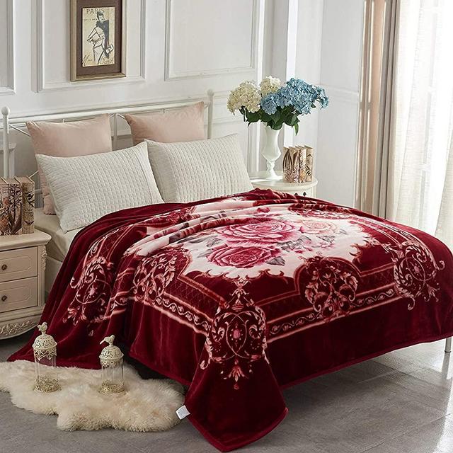 JYK Heavy Korean Mink Fleece Blanket, 5 LB - 2 Ply Reversible 520GSM Silky Soft Plush Warm Blanket for Autumn Winter (Queen, Flower/Burgundy)