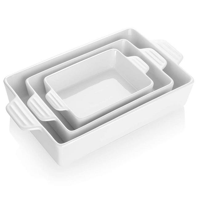 Teocera Porcelain Baking Dish, Casserole Dish, Rectangular Bakeware Set, Lasagna Pans for Cooking, Kitchen, Dinner Parties, Double Handle, Set of 3, White