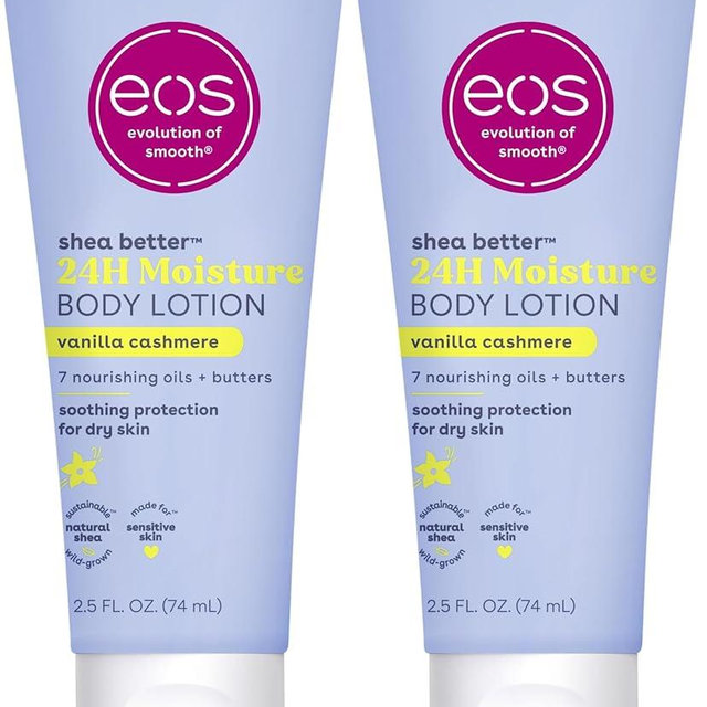 eos 24H Moisture Travel Body Lotion- Vanilla Cashmere, Travel Size Essential, Toiletries, Mini Body Lotion For Dry Skin, 2.5 fl oz (Pack of 2)
