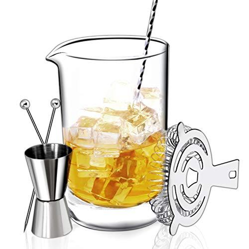 Crystal Cocktail Mixing Glass Bar Set: 24oz 710ml Bar Pitcher Thick Wall Lead Free | Stainless Spiral Bar Spoon & Muddler | Cocktail Strainer | Garnish Picks | Jigger - Great Gift, Shaker Alternative!
