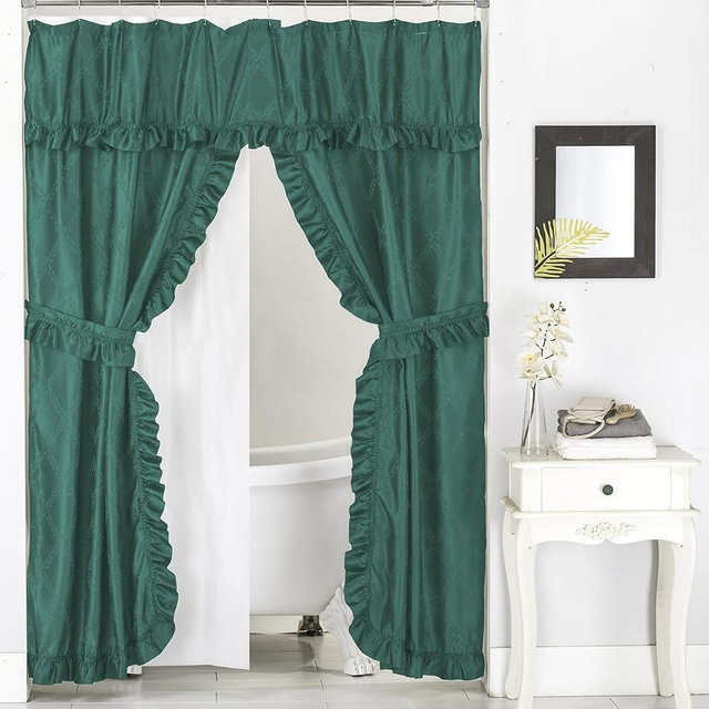 Castle Selection Double Swag Ruffled Fabric Shower Curtain Set, Intersected Leaves Pattern, PEVA Liner and Roller Rings (Teal Green)