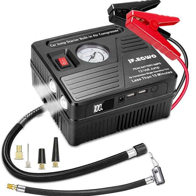 Portable 12V Jump Starter Battery Pack with Air Compressor, Auto Battery Booster with Jumper Cables 13000 mAh Power Bank from JF.EGWO, Black