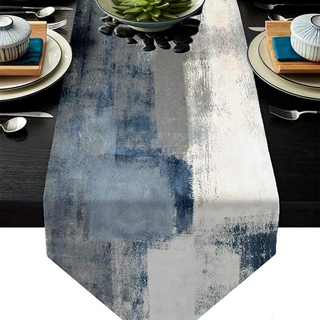 Blue and Grey Table Runner,Blue Abstract Modern Art Burlap Table Runners for Table Dresser Runner Farmhouse Style for Dinner Party Holidays Home Decoration (Blue and Grey, 13"x 91")