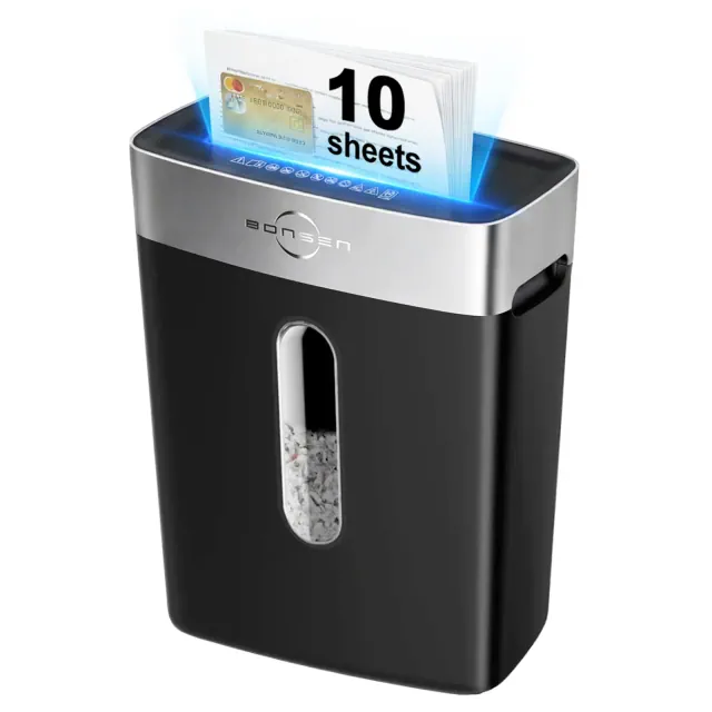 BONSEN 10-Sheet Cross-Cut Shredder for Home Office, P-4 high security, quiet, credit card shredder, jam-proof system, 4-gallon bin