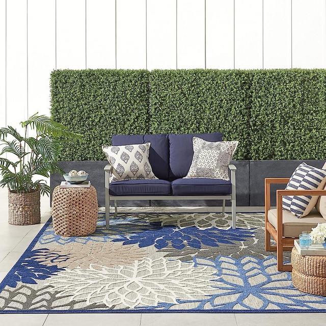 Nourison Aloha Indoor/Outdoor Blue/Multicolor 7'10" x 10'6" Area-Rug, Tropical, Botanical, Easy-Cleaning, Non Shedding, Bed Room, Living Room, Dining Room, Deck, Backyard, Patio (8x10)