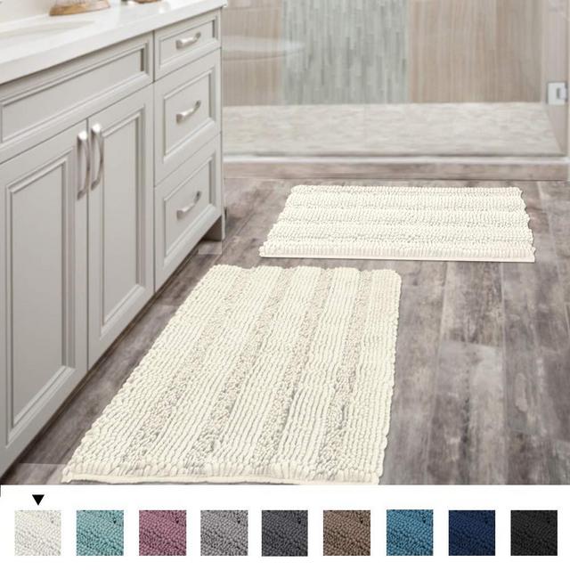 (Set of 2) Super Thick Soft Striped Shaggy Chenille Bath Mats Machine Washable Bath Rugs Set for Bathroom, Dry Fast Water Absorbent Bath Mats, Ivory (Pack 2-20" x 32"/17" x 24")