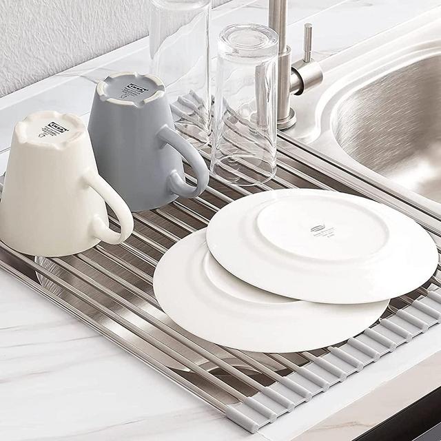 LIMNUO Roll Up Dish Drying Rack, Over The Sink Dish Drying Rack Kitchen Rolling Dish Drainer Foldable SUS304 Dish Drying Rack for Kitchen Sink Counter (16.5''(W)13.2''(L), Gray)