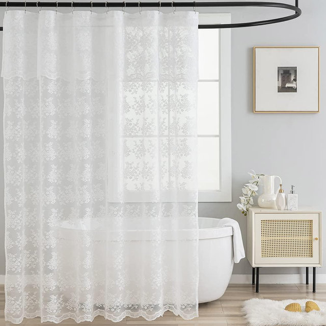 TUDECO White Lace Shower Curtain with Attach Valance, Elegant Floral Shower Curtain Lace for Bathroom Vintage Sheer Scalloped Shower Curtain French Country Bathroom Decor 72 x 72 Inch, 1 Panel