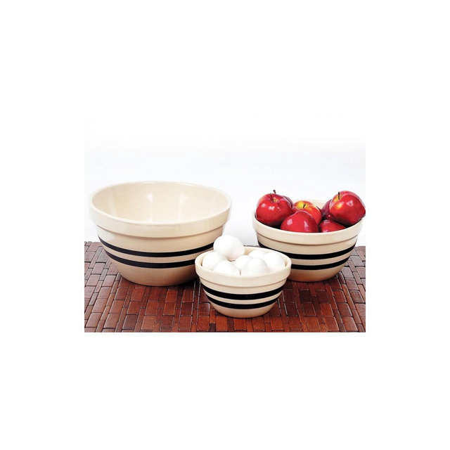 Ohio Stoneware Shoulder Bowls USA Made Tan with Blue Stripe Set of 3 Sizes