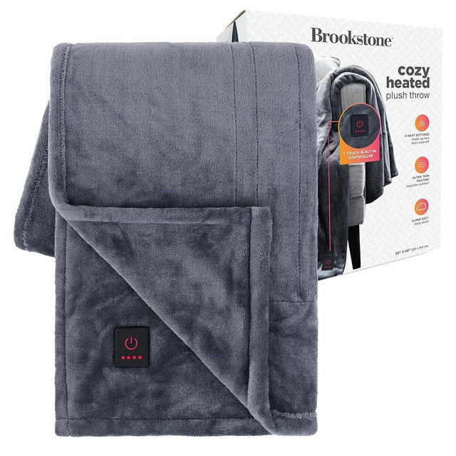 Brookstone Heated Throw Blanket - Heat Blankets Electric - Faux Fur Heated Throw Blanket- 4 Heat Settings, 4-Hour Auto Shut Off, 100% Polyester, 50"x60" - Dark Charcoal Solid