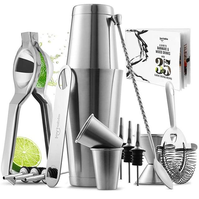 JoyTable Bartender Kit - Bar Set Tools - 16pc Cocktail Set Kit - Bartender Drink Mixer Shaker Bar Tool Set with Lemon Squeezer and Great Recipe Book